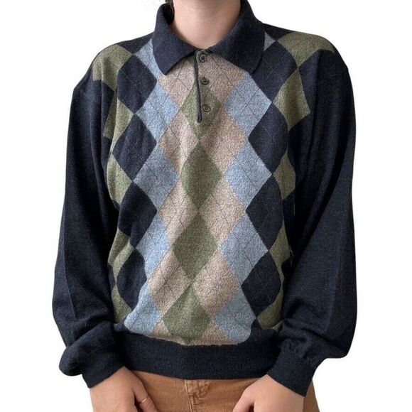 Vintage Lord & Taylor Navy Blue Green Argyle 100% Merino Wool Polo Sweater Sz L - Picture 1 of 5
